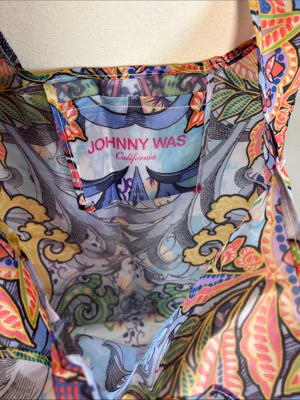 Johnny Was Multicolor Floral Paisley Large Foldable Tote with Pink Logo